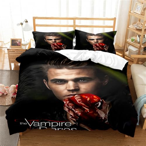 Leinen The Vampire Diaries 3D-Digitaldruck-Bettwäsche-Set Mit Kissenbezug, Bettbezug, Weiche Mikrofaser, 3-teiliges Set Mit Reißverschluss (200x200cm,TVD 04)