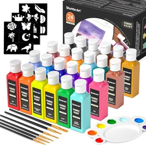 Shuttle Art 24 textilfarben waschmaschinenfest, Stoffmalfarben waschfest kinder in Flaschen (je 60 ml) mit Pinseln, Vorlagen, wasserfeste Stofffarben für Erwachsene, Kinder auf T-Shirt, Schuhe, Jeans