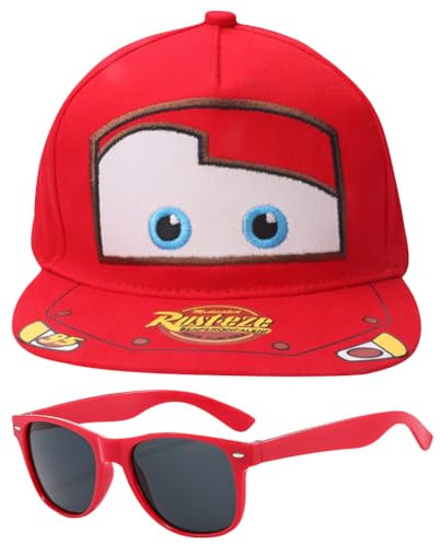 TIUASHR Mccqueen Car Baseballmütze, 2PCS Auto Baseballkappe und Sonnenbrille Baseball Cap Kinder Sonnenhut Verstellbar Baseboard Mütze Basecap Kappe Cap Sonnenmütze für Kinder Ab 3 Jahren