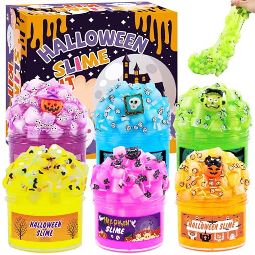 Funewest Kit de slime transparente crujiente de Halloween para niñas y niños de 8 a 12 años, slimes esponjosos no pegajosos para niños, recuerdos de fiesta con accesorios espeluznantes, juguetes de