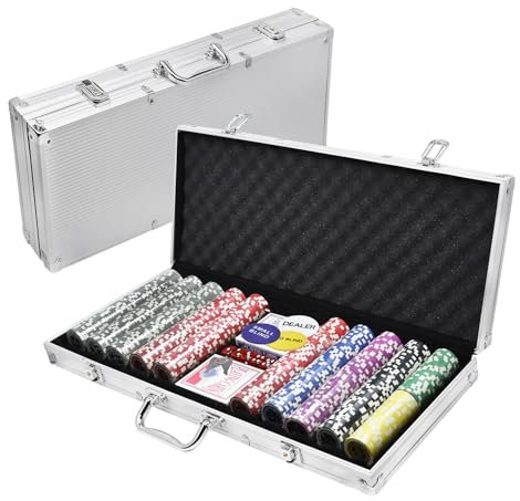FIVMEN Pokerkoffer Set 500 Chips Pokerset Poker Set inkl. 500 Laser Poker Chips, 2X Pokerdecks, 3X Dealer Button, 5X Würfeln mit Aluminium Koffer, Silber
