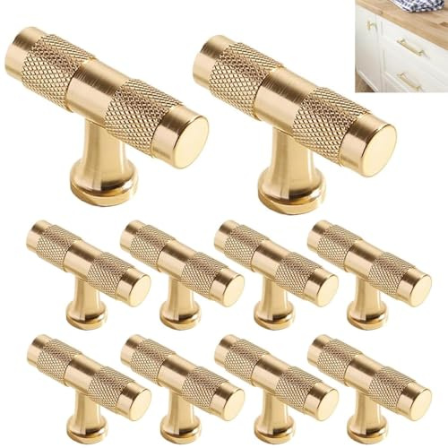 HARY 10 Pack 50mm Cabinet Knobs Pulls Handles, Furniware Gold Knurled Wardrobe Handles, Brass Cupboard, Cabinet Knobs Knurled Cupboard Drawer Knobs for Kitchen, Bathroom, Dresser & Wardrobe