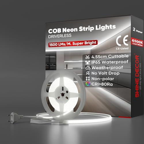 Shine Decor Bande lumineuse LED COB 230V, Ruban Lampe étanche IP65, 286 leds/m Ultra Haute Luminosité Bande Lumière pour Décoration Maison Cuisine Jardin Eclairage (Blanc Froid,2m)