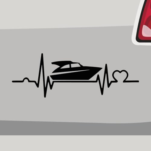 Aufkleber - Herzschlag Yacht Motorboot See - Sticker, Folienaukleber für Auto, Motorrad, Fahrrad, Laptop, LKW (10x3,5cm | Schwarz)