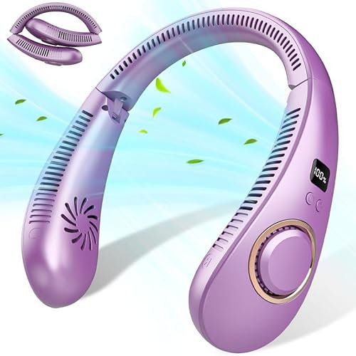 Kouric Ventilador de Cuello Inalambrico Plegable,Ventilador Portatil Cuello Viento Arriba y Abajo 4 Velocidades,Neck Fan USB Recargable-Morado