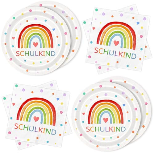 BOYATONG 40 Servietten Pappteller Einschulung Partygeschirr Regenbogen Set, Deko Schulanfang Junge Mädchen Schulkind, Tischdeko Einschulung für 20 Gäste Schuleinführung Party Deko