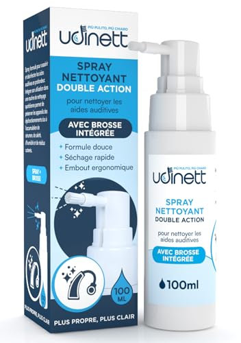 Spray Nettoyant pour Appareils Auditifs 100ml avec Brosse Udinett pour le Nettoyage Quotidien des Écouteurs Bluetooth Formule Douce Hygiénisante Élimine le Cérumen et la Saleté