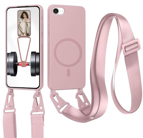 xinyunew Cordon de Coque Compatible avec iPhone 6/7/8/SE 2020 Compatible avec MagSafe Coque,Collier Étui Silicone Liquide avec Tour de Cou Lanière en Corde Souple TPU Antichoc Housse-Sable Rose