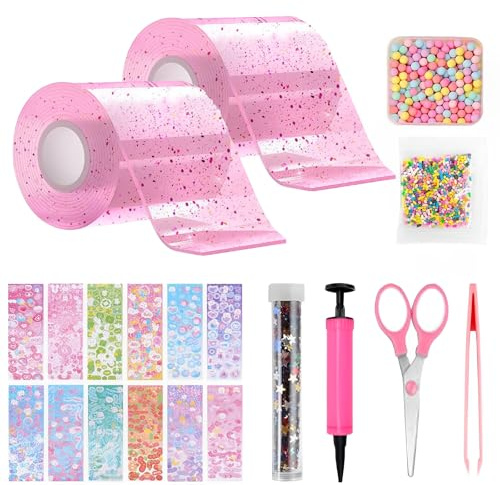 TFSZE Set of 20 Nano Bubble Tape for Children, Super Elastic Adhesive Tapes, 2 Tapes (5 cm x 1 m) + 18 Material Packets, Transparent Double-Sided, Bubble DIY Craft Kit (Pink*2)