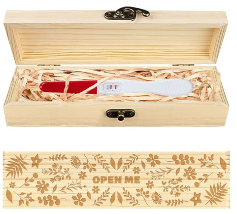 CHGCRAFT Schwangerschaftstest Geschenkbox Blumen und Blätter Hölzerne Schwangerschaft Ankündigung Geschenke Box mit Raffia Ribbon und Schloss Ankündigung Geschenke für Papa Ehemann, 20×5×3cm
