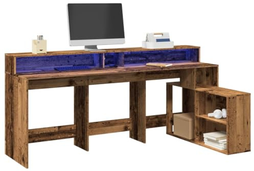 Qnhdfrt Scrivania a LED per computer, 200 x 104 x 91 cm, in legno anticato con illuminazione RGB, grande spazio e gestione dei cavi per casa, ufficio, camera dei ragazzi