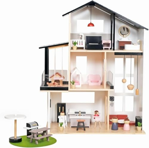 BLUEBRIT Large Wooden Play Doll House Villa House With Accessories & Furniture - Elevator, Design Your Own Home, Easy Assembly - Perfect Christmas or Birthday Gift for Girls (Design 5)