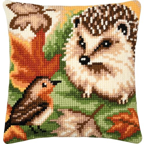 Kreuzstichkissen Igel und Rotkehlchen, Stickbild gedruckt, 40x40cm