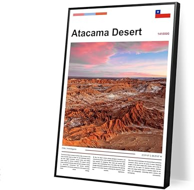 Poster Atacama Desert Chile Original Design(36x24 Golden Frame) Wall Art Valle de la Luna Landscape Photography Pink Sunset Sky South America Nature Scenery Minimalist Print Travel Decor