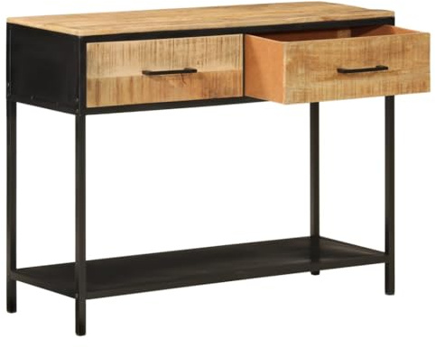 pokgdf Table console en bois de manguier massif avec pieds en fer, tiroirs et compartiment de rangement avec support mural pour la sécurité