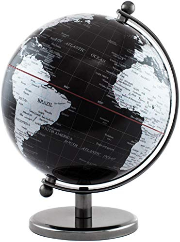 BRUBAKER Designer Globus Dark Planet - Deko Planet 19 cm hoch - Weltkugel mit politischer Karte - Büro Dekoration mit Fuß und Meridian aus Edelstahl - Schwarz Silber