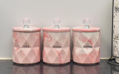 DEENZ Set of 3 Pink Marble Design Coffee Tea Sugar Canisters Container Kitchen Jar Pots Crystal