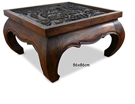 livasia Opiumtisch mit Glasplatte, Couchtisch, Massivholztisch, mit Elefantenschnitzerei (86 x 86 x 42 cm)