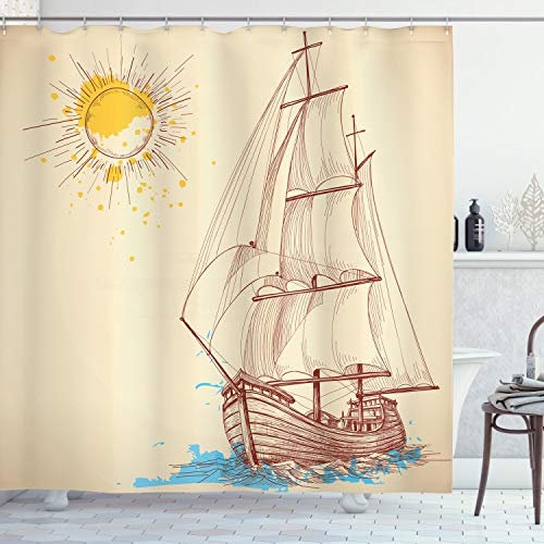 ABAKUHAUS Nautisch Duschvorhang, Boot in Windy Sea Sun, mit 12 Ringe Set Stielvoll Modern, 175x200 cm, Creme Brown