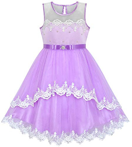 Sunny Fashion Vestito Bambina Fiore Viola Pizzo con Cintura Nozze Festa 7 Anni