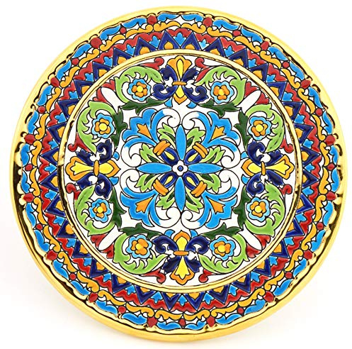 Plato Pared Modelo 32, Plato Decorativo de cerámica para Colgar Pintado a Mano con la técnica Cuerda Seca Oro DE Ley 24 K (Quilates). 21cm de diámetro.