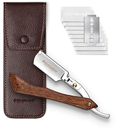 Störtebekker Rasoir de barbier avec étui en cuir fait main + pierre d'alun et 10 lames - rasoir barbe homme de qualité supérieure - kit rasage - rasoir homme (Bois - Café)