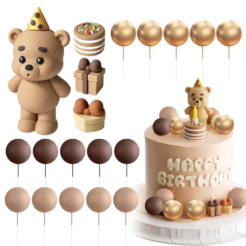 Esoes 19 PCS Tortendeko Bär Tortendeko für Taufe Junge Mädchen 1 Jahr Braune Kugeln Kuchentopper Dunkelbraun Kuchen Dekoration für Hochzeit Babyshower Geburtstag Party