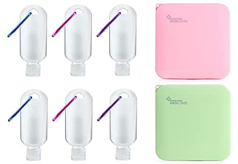 MAGIC SELECT Reiseflaschenhalter, Behälter, Tasche mit Moskitoneton, auslaufsicher, 50 ml, wiederaufladbar, mit Klappdeckel, für Desinfektionsmittel + 2 Mascara blau und weiß