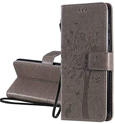 GOGME Coque pour Xiaomi Redmi Note 9T 5G Etui Portefeuille, Jolie Rétro Feuilles Embossée Motif Design Cuir PU Housse Flip Cover, Etui de Protection pour Xiaomi Redmi Note 9T 5G, Gris