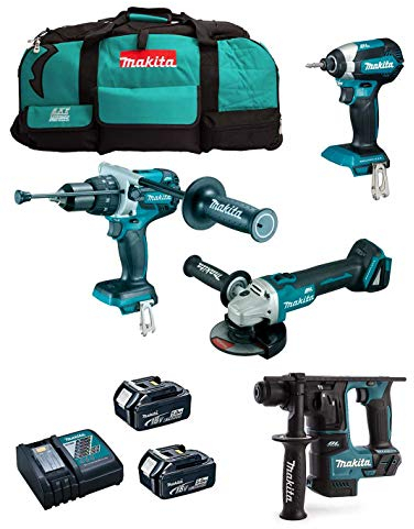 MAKITA Kit MK402 (Taladro Percutor DHP481 + Martillo DHR171 + Mini-Amoladora DGA504 + Atornillador de Impacto DTD153 + 2 Baterías de 5,0 Ah + Cargador + LXT600)