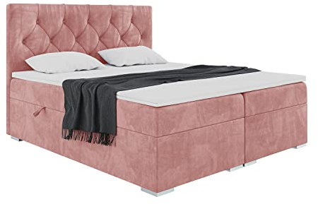 MEBLINI Boxspringbett mit Bettkasten - Gepolstert Doppelbett mit Matratze und Topper - Polsterbett mit Stauraum - Bett mit Kopfteil - Stauraumbett - Roma - 140x200 - H4/Rosa Samt