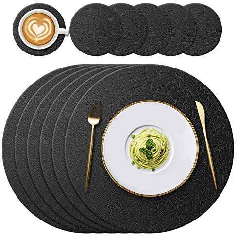 YUNJUER 6 Round Silicone Place Mats(34cm) and 6 Coasters(10cm) Set, Heat-Resistant 450 °F Place mats, Non-Slip and Washable, Placemats for Hotel, Restaurant, Kitchen Glass Dining Table, (Black)