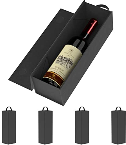 RYDDOY Paquete de 5 cajas de regalo de vino, 12.8 x 3.7 x 3.7 pulgadas, cajas de botellas de vino negro con asa para licor y champaña, cierre magnético, caja de regalo plegable para fiesta, boda,