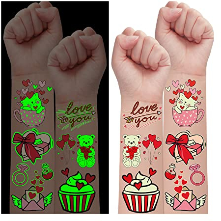Leesgel Luminous Tattoos for Kids Valentines Decorations, 38 Styles Temporary Tattoos Heart Stickers for Valentines Day Favours Supplies