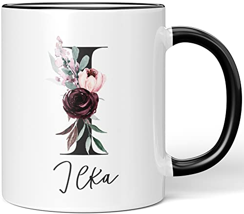 JUNIWORDS Tasse, Ilka, Name Anfangsbuchstabe Initial Alphabet Floral Buchstabe I Monogramm Motiv, Schwarz (5574477)