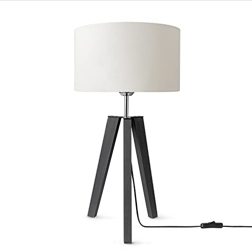 Paco Home Tischleuchte Dreibein Nachttischlampe Stehlampe Schlafzimmer E27 Stoff Lampenschirm E14 Mit Schalter Einfarbig, Farbe:Weiß (Ø28cm), Leuchtenart/Farbe:Tischleuchte - Schwarz