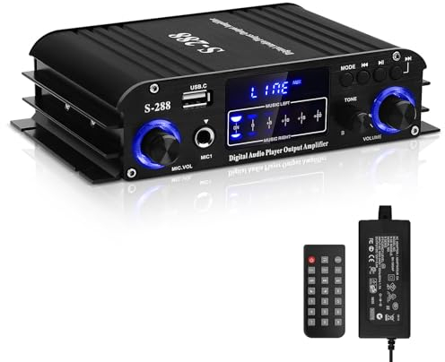 Hi-Fi Bluetooth Amplificador,S-288 Mini estéreo Amplificador Receptor de Potencia de Audio para Altavoces 4.0CH 30Wx4 MAX 600W de Salida Integrado W/USB Mic Mando a Distancia