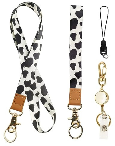 Cordon tour de cou + dragonne + porte-clés rétractable pour porte-badge, imprimé vache, Medium