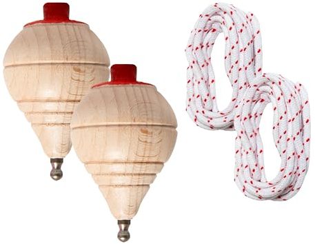 Peonzas niños de Madera clásica con Cuerda - Juego Manual para niños con Punta giratoria - Pack a Elegir 1/2/4/6/8/12/16/24 - Peonza clásica Madera - Trompo Spinners Perinola (2 Peonzas)