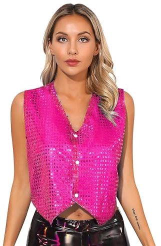 YiZYiF Boléro Femme Gilet à Paillettes sans Manche Brillant Blazer Chemisier Haut de Danse Pole Dance Latine Jazz Soirée Bal Top Veste Clubwear Costume Carnaval Rose Vif B S