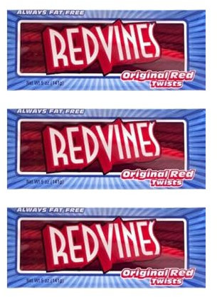 Red Vines Original Red Twists 5 oz, 141g, 3 Pack, Red Liquorice Red Sweets Liquorice Sticks Retro Sweets Liquorice Sweets Liquorice Sticks Candy Sticks Sweets Bulk Sweet Cart Gummy Sweets (Pack of 3)