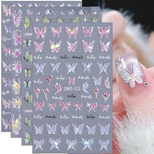 4 Blätter 3D Muschel Aurora Schmetterling Nagelsticker Butterfly Nail Sticker Set Mikrogeprägte Schmetterlinge Deko Nail Art Stickers Laser Nagelfolie Selbstklebend Nageldesign Aufkleber Nägel Zubehör