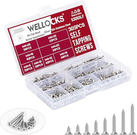 WELLOCKS Selbstschneidende Schrauben | 305 PCS M4 Edelstahl Schrauben Sortiment Kit | Flacher Kopf Blechschrauben Holzschrauben Set Aufbewahrungsbox | für Reparatur Hausgemachte (S305SLF)