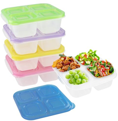 Toivize 5 Pack Snack Boxes for Kids, Bento Containers with 4 Compartments Reusable Snack Containers Divided Food Storage for School Work Travel Picnic (Yellow/Green/Blue/Red/Purple)