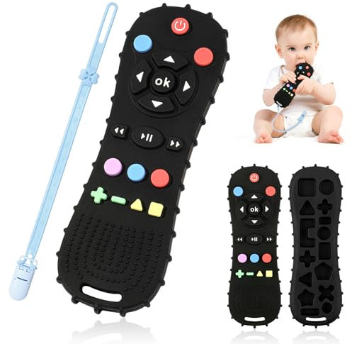 Baby Remote Control Toy, Soft Silicone Teething Toys for Baby, Teething Relief Bath Toys mit Pacifier Clip, Sensory Toys Baby Gifts for Infant Toddlers 3-6-12 Months Newborn Girl Boy (Black)