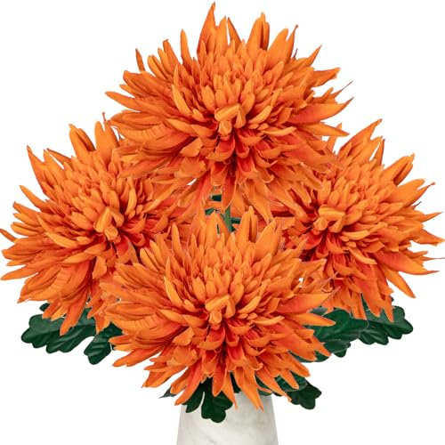 Oairse Große künstliche Chrysanthemen-Blumen, Seidenblumen mit 65 cm langem Stiel, Orange, künstliche Spinnen, Mütter für Herbstpflanzen, Arrangement, Zuhause, Hochzeit, Herbst, Dekoration
