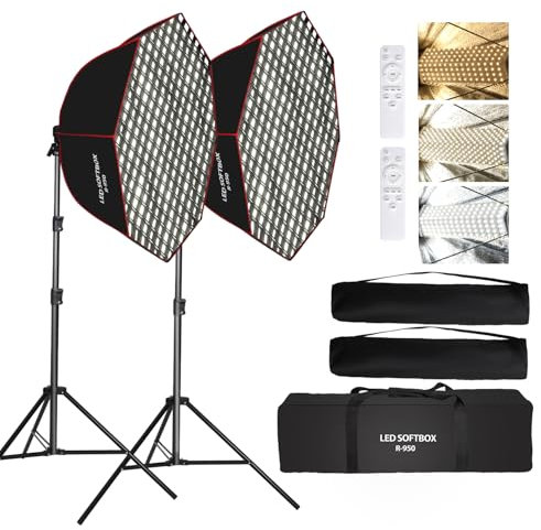GSKAIWEN Kit di Softbox illuminazione Parabolica Ottagonale 110 W, Softbox 95 cm con griglia alveolare/telecomando/supporto per luce da studio, registrazione video, fotografia di ritratti, dal vivo