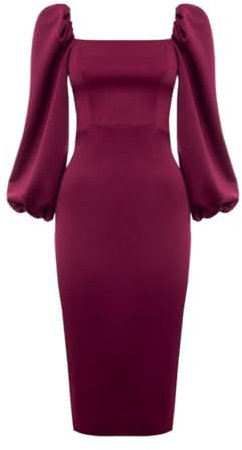 Swing Fashion Kastanienbraunes Bleistift-Midikleid aus Satin von Giselle mit Puffärmeln und einem Mock-Ausschnitt | Größe 36