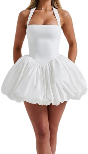 Women Fashion Cocktail Mini Dress Solid Halter Neck Bubble Dress Tie Up A Line Dress Sexy Corset Club Dresses