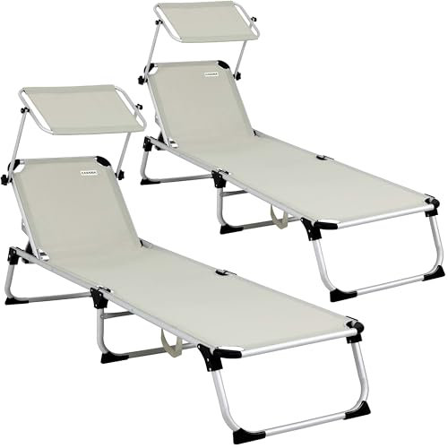 CASARIA® Set 2X Tumbonas Playa Plegable 180Kg Silla Jardín Reclinable Exterior Toldo Reposacabeza 210x61cm Bolsillo Piscina Camping Terraza Crema